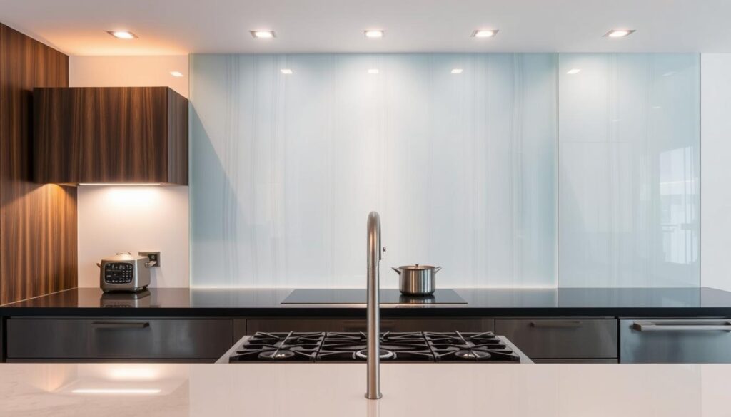 A meticulously crafted glass backsplash takes center stage in a modern kitchen, its sleek and seamless surface reflecting the warm glow of recessed lighting. The glass panels, custom-fitted to the kitchen's dimensions, create a pristine, minimalist backdrop that showcases the culinary workspace. Subtle striations and a faint hue of blue or gray imbue the glass with a sophisticated, understated elegance. Framed by dark wood cabinetry and stainless steel appliances, the glass backsplash appears to float effortlessly, drawing the eye and imbuing the space with a sense of refined, contemporary design. The overall effect is one of clean lines, thoughtful attention to detail, and a harmonious integration of form and function.