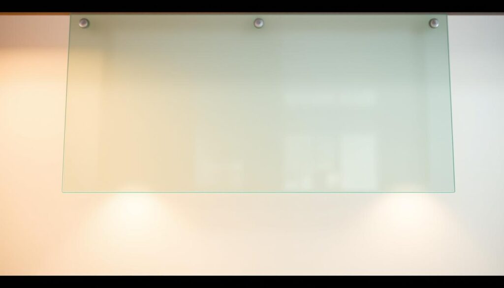 A meticulously crafted glass kitchen splashback, suspended against a bright, airy backdrop. The glass surface gleams with a clean, sleek finish, inviting the viewer to envision its effortless installation. In the foreground, a discreet adhesive strip runs along the edge, hinting at the simplicity of the mounting process - no drilling required. Warm, diffused lighting casts a subtle glow, highlighting the material's translucency and the seamless integration it offers into the kitchen space. The overall composition conveys a sense of elegant functionality, perfectly suited for the "Montage leicht gemacht: kleben statt bohren" section of the article.