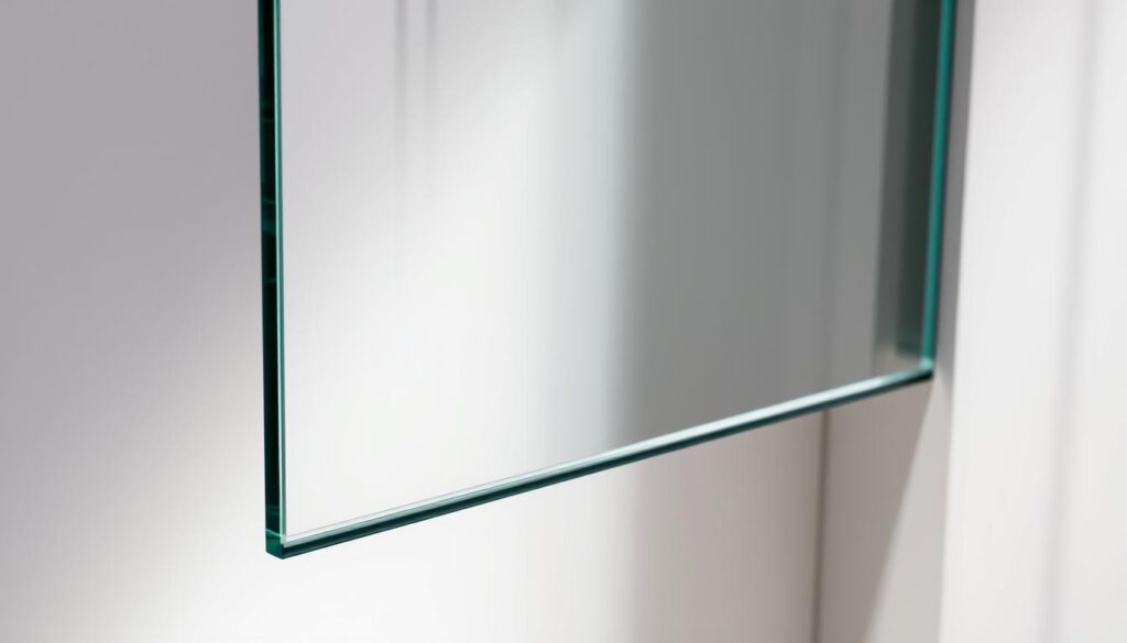 A meticulously crafted glass panel with a sleek, elegant profile showcased against a softly lit, minimalist background. The glass surface reflects the play of light, highlighting its transparency and glossy finish. The profile, in a muted, sophisticated color palette, seamlessly blends into the overall composition, emphasizing the material's quality and attention to detail. The image conveys a sense of modern, high-end design, perfectly suited to illustrate the section on "Materialien, Profilfarben und Glasarten für Ihre Duschabtrennung".