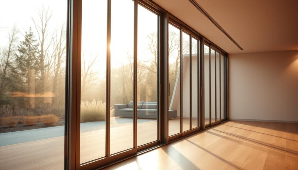 A meticulously crafted glass sliding wall, its panels seamlessly gliding along a sleek aluminum frame. The glass panels, precision-engineered with a pristine, flawless finish, allow natural light to flood the space, creating a sense of openness and tranquility. Warm, soft lighting illuminates the scene, casting a gentle glow and highlighting the high-quality materials. The overall composition exudes a feeling of sophistication, elegance, and attention to detail - a testament to German engineering and craftsmanship. The scene is photographed at a medium-wide angle, showcasing the wall's impressive scale and integration within the modern, minimalist interior design.