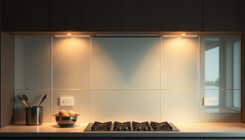 A meticulously crafted glass splashback in various sizes takes center stage, its smooth, reflective surface catching the warm glow of a dimly lit kitchen. The glass panels are arranged in a clean, geometric pattern, creating a sleek and minimalist aesthetic that seamlessly blends with the surrounding cabinetry and countertops. Subtle highlights and shadows accentuate the depth and dimensionality of the glass, while a soft, atmospheric lighting scheme casts a cozy, inviting ambiance over the scene. The overall composition emphasizes the versatility and practicality of these custom-made glass splashbacks, showcasing their ability to elevate the visual appeal of any modern kitchen.