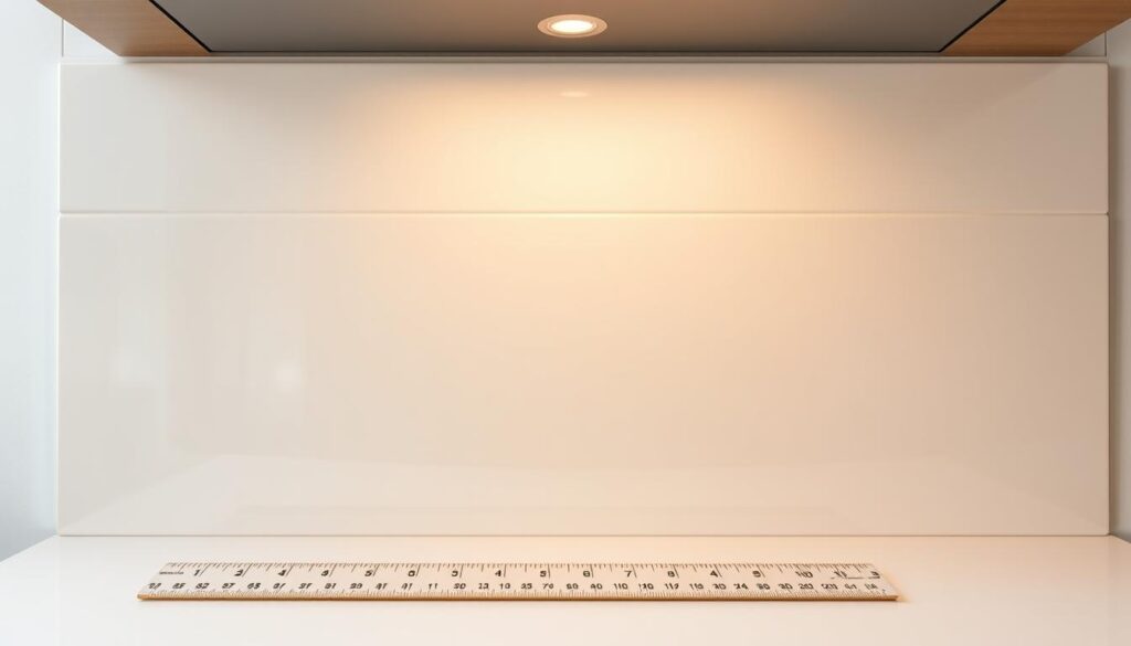 A meticulously crafted kitchen backsplash panel, precisely cut to the perfect fit. The surface gleams with a smooth, seamless finish, its dimensions measured down to the millimeter. Soft, even lighting casts a warm glow, highlighting the panel's sharp edges and clean lines. In the foreground, a ruler lies across the panel, emphasizing the attention to detail and custom sizing. The background features a minimalist, neutral-toned setting, allowing the panel to take center stage. An image that epitomizes the concept of "Zuschnitt" - tailored, exact, and perfectly suited to its intended purpose.
