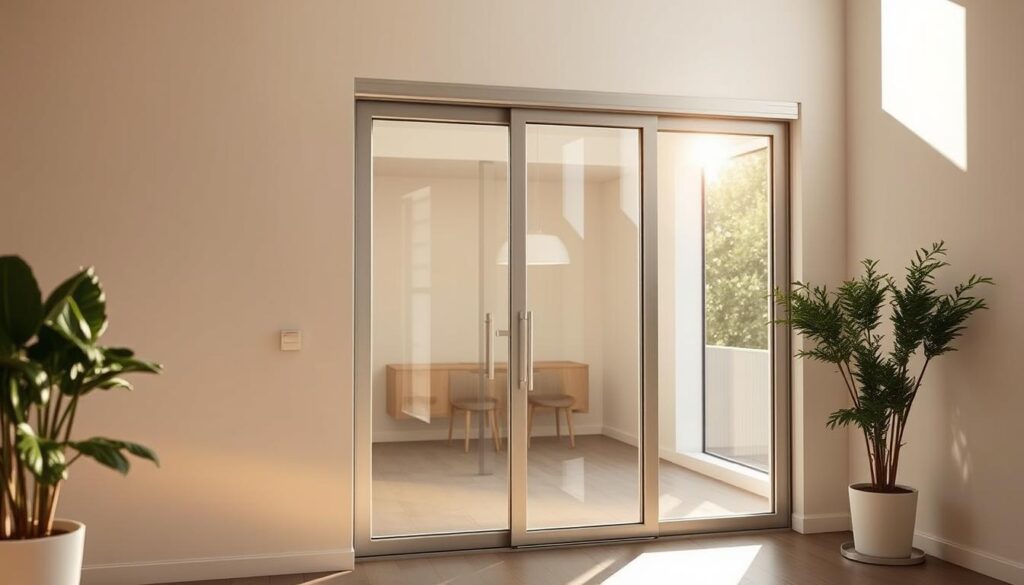 A meticulously crafted retrofitted sliding glass door in a well-lit, modern room. The door's frame is made of sleek aluminum, seamlessly integrated into the surrounding walls. Sunlight filters through the tempered, soundproof glass panels, casting a warm, diffused glow throughout the space. The sliding mechanism operates with a smooth, precise action, enabling effortless and silent movement. The overall design exudes a sense of functionality, elegance, and attention to acoustic insulation, perfectly suited for the "Nachrüsten oder neu planen? Wege zur schalldichten Schiebetür" section of the article. A meticulously crafted retrofitted sliding glass door in a well-lit, modern room. The door's frame is made of sleek aluminum, seamlessly integrated into the surrounding walls. Sunlight filters through the tempered, soundproof glass panels, casting a warm, diffused glow throughout the space. The sliding mechanism operates with a smooth, precise action, enabling effortless and silent movement. The overall design exudes a sense of functionality, elegance, and attention to acoustic insulation, perfectly suited for the "Nachrüsten oder neu planen? Wege zur schalldichten Schiebetür" section of the article.