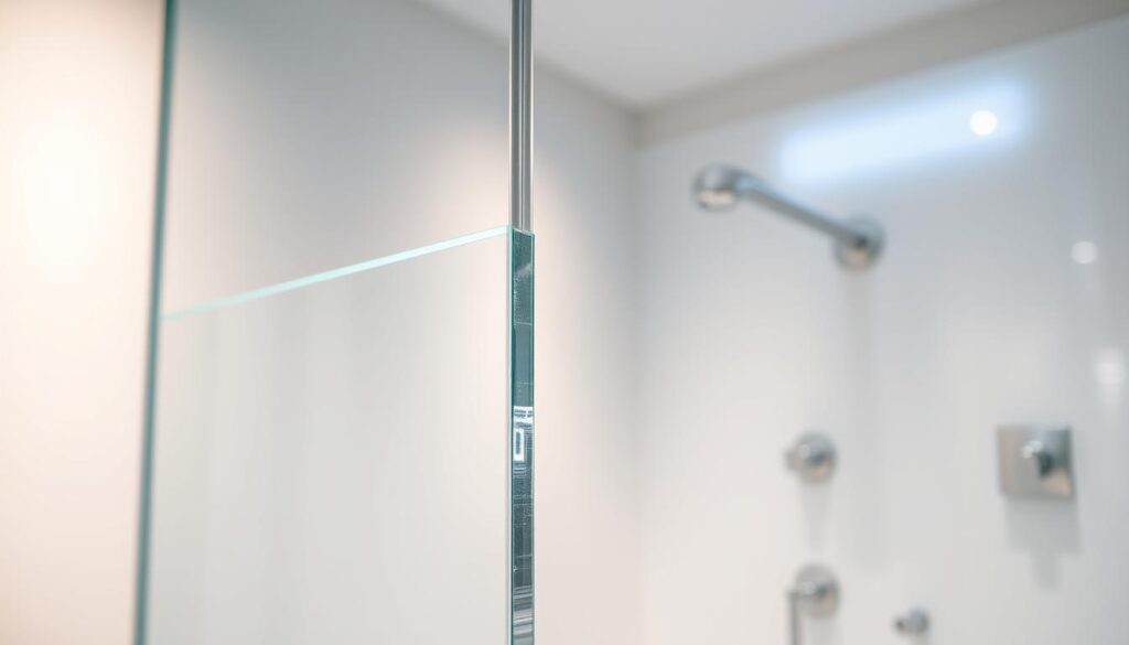 A meticulously engineered glass shower door gasket, its precise dimensions showcasing the pinnacle of craftsmanship. The gleaming, translucent material reflects the clean, contemporary aesthetic of a modern bathroom, illuminated by soft, diffused lighting that casts a warm, inviting glow. In the foreground, the gasket's intricate profile is captured in sharp detail, highlighting the seamless integration between the glass and the frame. The middle ground reveals the carefully selected hardware, polished to a mirror-like finish, complementing the overall design. The background subtly blends into a minimalist, serene setting, allowing the gasket to take center stage as the focal point of this impeccably tailored solution.
