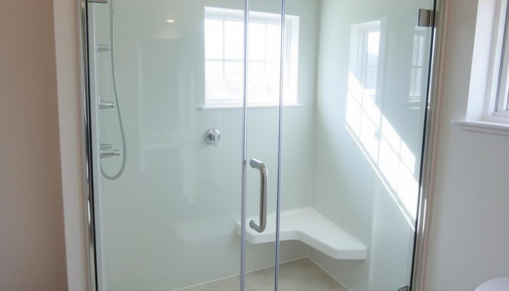 A meticulously installed glass shower enclosure, its clean lines and seamless panels reflecting the natural light streaming in from nearby windows. The tempered glass panels, expertly fitted into a sleek chrome frame, create a sense of spaciousness and minimalist elegance. The shower floor is tiled in a complementary neutral hue, adding a touch of warmth to the overall design. The lighting, strategically placed, casts a soft glow, highlighting the glass's transparency and the room's airy ambiance. The entire scene conveys a harmonious blend of functionality, durability, and effortless sophistication - a testament to the craftsmanship and attention to detail in the installation process.