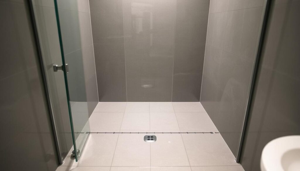A meticulously measured shower area, the focal point of an ergonomic bathroom design. A well-lit scene captures the dimensions with precision, showcasing a tiled floor and walls in muted tones. The camera angle provides a slightly elevated perspective, emphasizing the clean, linear layout. Subtle reflections on the wet surfaces add depth and visual interest. The overall atmosphere conveys a sense of order and functionality, perfectly suited for the "Richtig ausmessen: So ermitteln Sie Ihre maßgenaue Duschfläche" section of the article. A meticulously measured shower area, the focal point of an ergonomic bathroom design. A well-lit scene captures the dimensions with precision, showcasing a tiled floor and walls in muted tones. The camera angle provides a slightly elevated perspective, emphasizing the clean, linear layout. Subtle reflections on the wet surfaces add depth and visual interest. The overall atmosphere conveys a sense of order and functionality, perfectly suited for the "Richtig ausmessen: So ermitteln Sie Ihre maßgenaue Duschfläche" section of the article.