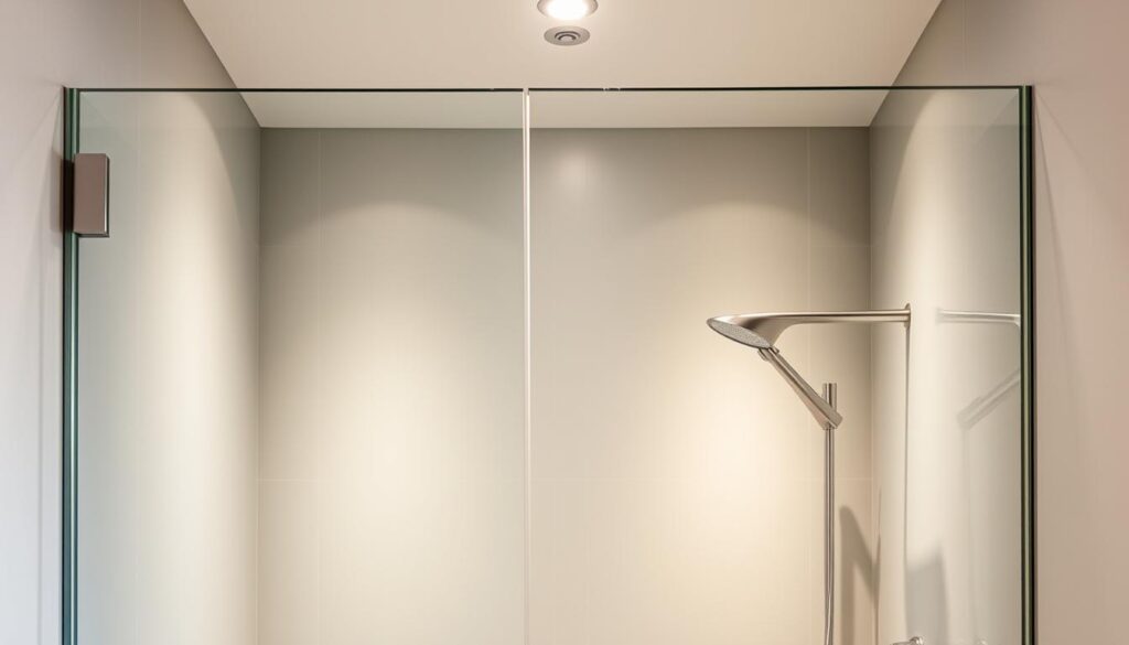 A minimal, modern glass shower enclosure with a clean, frameless design. The large panes of clear, tempered glass create an open, seamless transition between the shower and the rest of the bathroom. Subtle brushed metal hardware in a sleek, contemporary style accentuates the simplicity of the design. Indirect lighting casts a soft, diffused glow, enhancing the sense of spaciousness and luminosity. The overall aesthetic is elegant, understated, and in harmony with the Loft-style decor of the bathroom. A minimal, modern glass shower enclosure with a clean, frameless design. The large panes of clear, tempered glass create an open, seamless transition between the shower and the rest of the bathroom. Subtle brushed metal hardware in a sleek, contemporary style accentuates the simplicity of the design. Indirect lighting casts a soft, diffused glow, enhancing the sense of spaciousness and luminosity. The overall aesthetic is elegant, understated, and in harmony with the Loft-style decor of the bathroom.