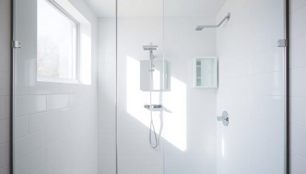 A minimalist bathroom interior, bathed in soft, natural light filtering through a large glass panel. In the foreground, sleek, frameless glass shower doors subtly reflect the space, seamlessly blending with the pristine white tiles. The middle ground features a polished chrome shower head and faucet, complementing the clean, contemporary aesthetic. In the background, a wall-mounted vanity with a mirrored cabinet creates a sense of depth and understated elegance. The overall mood is one of tranquility and refinement, emphasizing the importance of high-quality glass, profiles, and hardware in a small bathroom space.