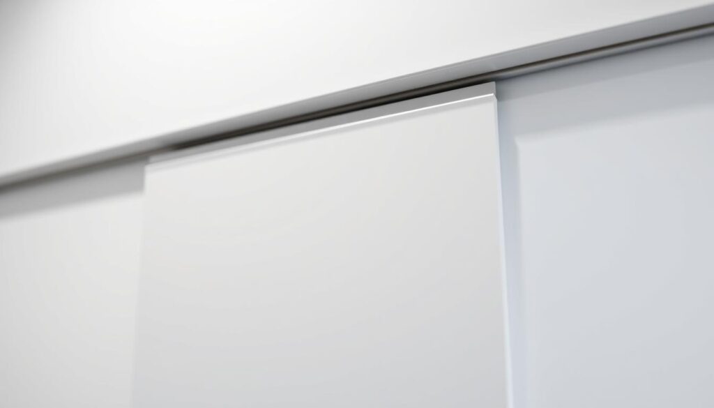 A minimalist, high-quality close-up of a sleek, silver aluminum sliding door track or laufschiene. The track is mounted flush against a plain white wall, with clean edges and a smooth, seamless profile. The lighting is soft and diffused, creating a sense of elegant simplicity. The track appears sturdy and well-engineered, with a subtle brushed texture that suggests premium quality. The overall composition emphasizes the functional beauty of this architectural element, highlighting its role in enabling flexible, modern interior design. A minimalist, high-quality close-up of a sleek, silver aluminum sliding door track or laufschiene. The track is mounted flush against a plain white wall, with clean edges and a smooth, seamless profile. The lighting is soft and diffused, creating a sense of elegant simplicity. The track appears sturdy and well-engineered, with a subtle brushed texture that suggests premium quality. The overall composition emphasizes the functional beauty of this architectural element, highlighting its role in enabling flexible, modern interior design.