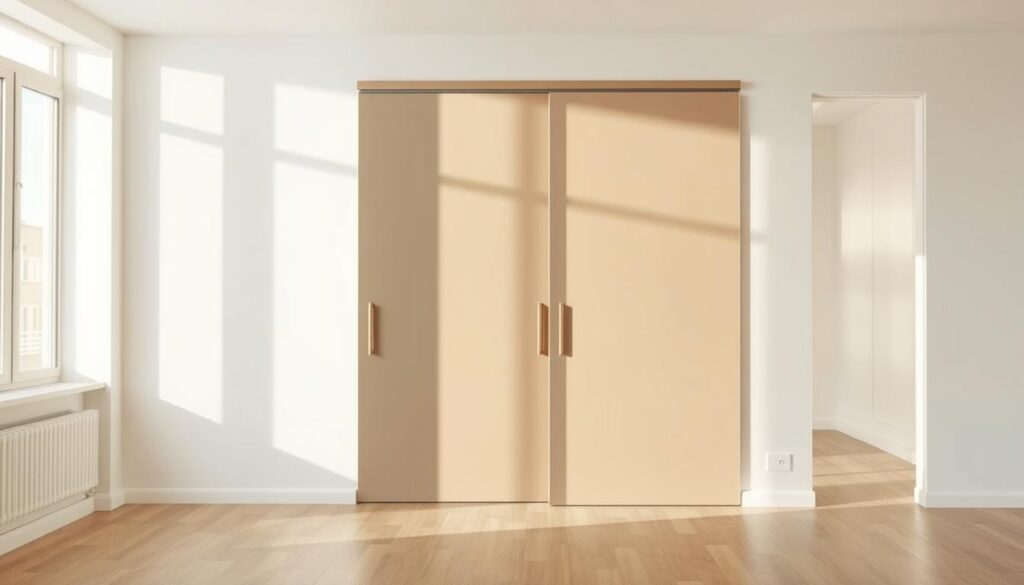 A minimalist, modern sliding door in a bright, airy room. The door's sleek, understated frame in muted tones glides effortlessly on a concealed track, maximizing the available space. Soft, natural light filters through large windows, casting a warm glow on the door's clean, uncluttered design. The door's smooth, seamless movement and elegant simplicity embody the essence of functional, space-saving interior design. A perfect balance of form and function, this sliding door transforms the room, blending seamlessly with the contemporary decor.