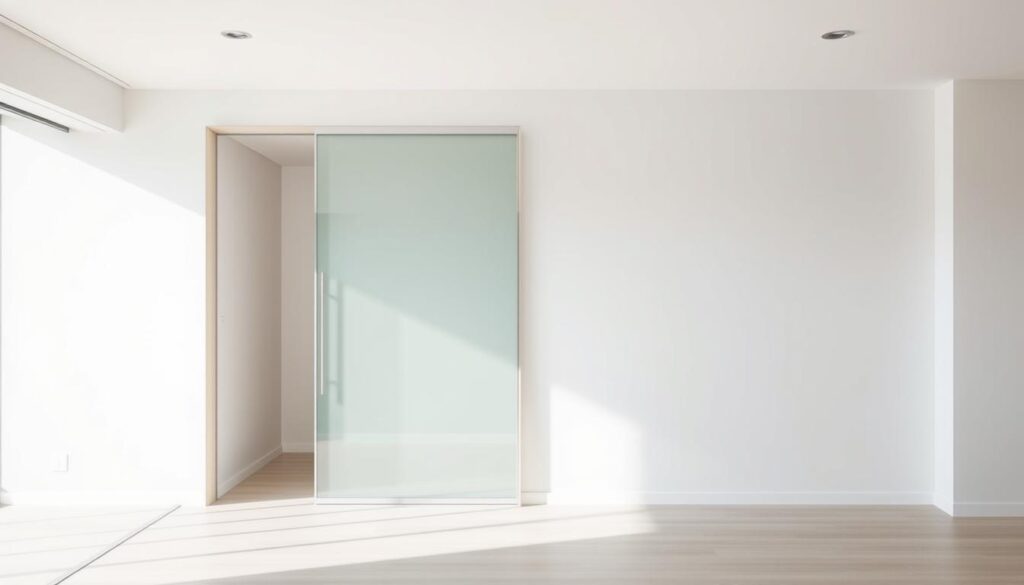 A minimalist sliding door wall in a modern home, showcasing a sleek, frameless glass panel seamlessly integrated into a crisp, white wall. Soft, diffused lighting illuminates the space, creating a calming, ethereal atmosphere. The door's streamlined design blends effortlessly with the surrounding architecture, effortlessly separating rooms while maintaining an open, airy feel. Captured from a slightly elevated angle, the image highlights the fluid motion and elegant functionality of the sliding mechanism, inviting viewers to imagine the versatility of this innovative home solution. A minimalist sliding door wall in a modern home, showcasing a sleek, frameless glass panel seamlessly integrated into a crisp, white wall. Soft, diffused lighting illuminates the space, creating a calming, ethereal atmosphere. The door's streamlined design blends effortlessly with the surrounding architecture, effortlessly separating rooms while maintaining an open, airy feel. Captured from a slightly elevated angle, the image highlights the fluid motion and elegant functionality of the sliding mechanism, inviting viewers to imagine the versatility of this innovative home solution.