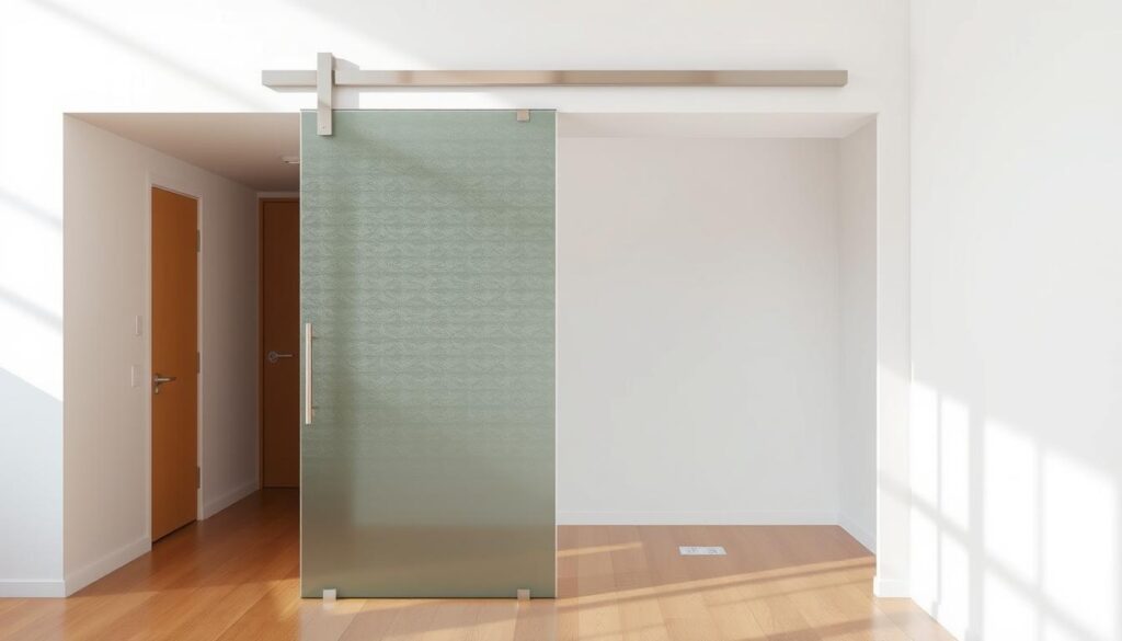 A modern and elegant glass sliding door design, featuring a seamless frameless glass panel suspended on a sleek metal track. The door glides effortlessly, allowing natural light to flow through the space. The glass surface is treated with a subtle frosted or etched pattern, adding a touch of sophistication. The door is set against a minimalist backdrop, with clean white walls and warm wooden floors, creating a harmonious and inviting atmosphere. Soft, directional lighting accentuates the door's minimalist aesthetic, casting gentle shadows and highlighting the materials' textures. The overall composition conveys a sense of refined simplicity, perfectly suited for a contemporary living space or high-end interior. A modern and elegant glass sliding door design, featuring a seamless frameless glass panel suspended on a sleek metal track. The door glides effortlessly, allowing natural light to flow through the space. The glass surface is treated with a subtle frosted or etched pattern, adding a touch of sophistication. The door is set against a minimalist backdrop, with clean white walls and warm wooden floors, creating a harmonious and inviting atmosphere. Soft, directional lighting accentuates the door's minimalist aesthetic, casting gentle shadows and highlighting the materials' textures. The overall composition conveys a sense of refined simplicity, perfectly suited for a contemporary living space or high-end interior.