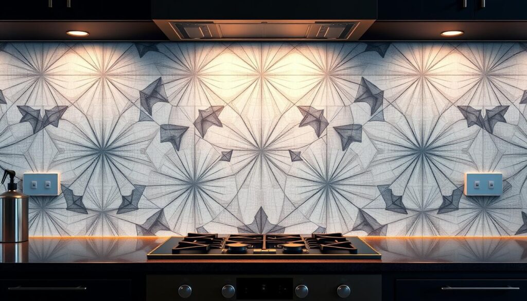 A modern and elegant kitchen backsplash featuring a captivating abstract pattern. The design showcases a mesmerizing interplay of geometric shapes and lines, rendered in a harmonious palette of muted grays, soft blues, and subtle hints of white. The pattern is precisely crafted, with a sense of balance and symmetry that draws the eye, inviting the viewer to explore the intricate details. The backsplash is illuminated by warm, diffused lighting, creating a welcoming and visually appealing atmosphere. The overall impression is one of sophistication, sophistication, and a touch of timeless style, perfectly suited for a contemporary kitchen space.