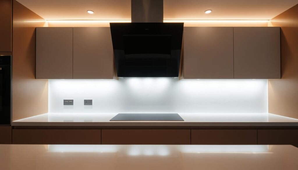 A modern and minimalist acrylic glass kitchen backsplash, illuminated by a warm, soft lighting. The surface has a sleek, glossy finish that reflects the surroundings, creating a sense of depth and visual interest. The edges are crisp and clean, seamlessly integrated into the kitchen design. The material appears durable and easy to maintain, suitable for a high-traffic area. The overall look is contemporary, sophisticated, and enhances the kitchen's functionality and aesthetics.