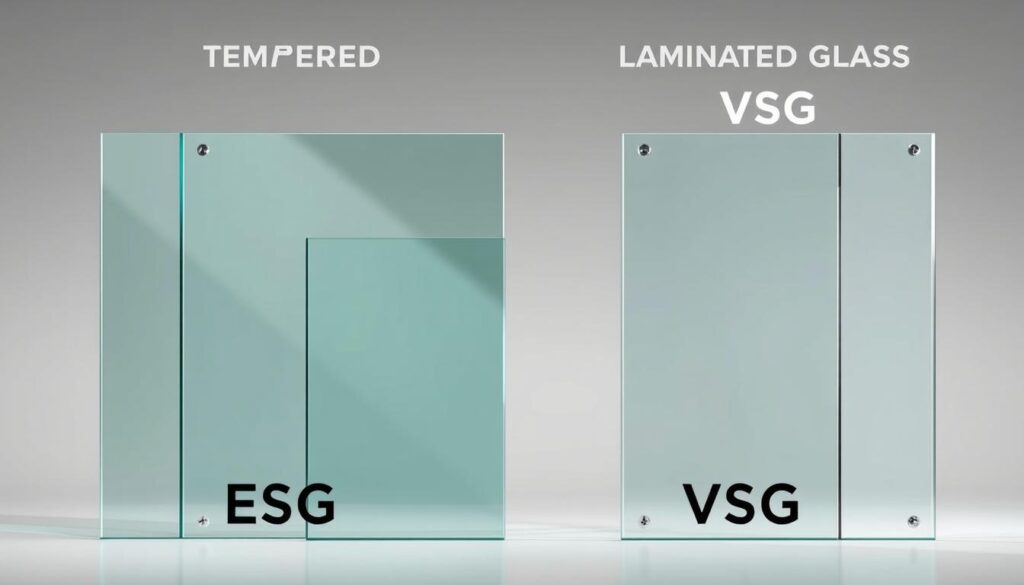 A modern and minimalist display of glass materials showcasing the differences between ESG (tempered glass) and VSG (laminated glass). The composition features clean lines, sharp edges, and a sleek monochromatic palette, emphasizing the material's inherent elegance and functionality. Subtle lighting from the side accentuates the subtle textures and refractions, while a sense of depth is created by placing the glass panels at varying distances. The overall mood is one of refined sophistication, highlighting the premium quality and design aesthetics of these specialized glass types used in high-end shower enclosures and partitions.