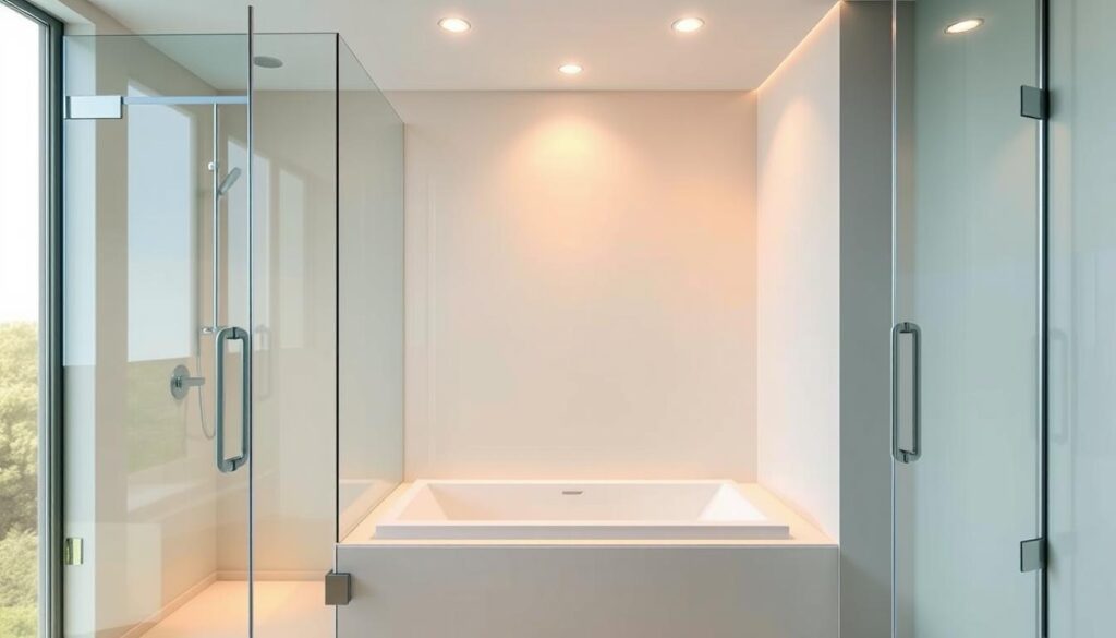 A modern and minimalist glass shower enclosure seamlessly transitioning into a rectangular bathtub, creating a harmonious and functional bathroom layout. The translucent glass panels offer a sleek and unobtrusive design, allowing natural light to flow through while providing privacy. The frameless construction and hinged doors enable easy accessibility and a spacious feel. Warm, directional lighting from recessed ceiling fixtures casts a soft, inviting glow, enhancing the overall ambiance. The smooth, reflective surfaces of the glass and tub create a sense of visual depth, effortlessly blending the shower and bath areas. This flexible, corner-fitting solution maximizes the available space, making it an ideal choice for compact bathrooms.