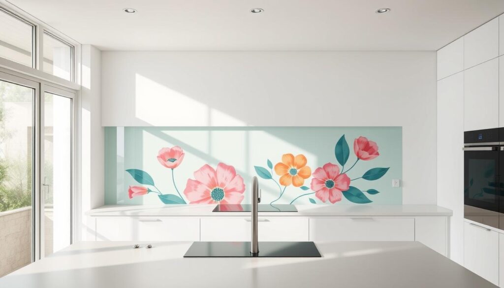 A modern and minimalist kitchen interior with ample natural light streaming through large windows. The focal point is a sleek, glass backsplash adorned with a vibrant, abstract floral motif in shades of pink, orange, and teal. The design is bold yet elegant, complementing the clean lines of the white cabinets and countertops. Soft, diffused lighting creates a warm, inviting atmosphere, accentuating the textural contrast between the smooth glass and the matte surfaces. The composition emphasizes the backsplash as the primary design element, showcasing its visual impact and the boundless creative possibilities for customizing a kitchen's aesthetic.