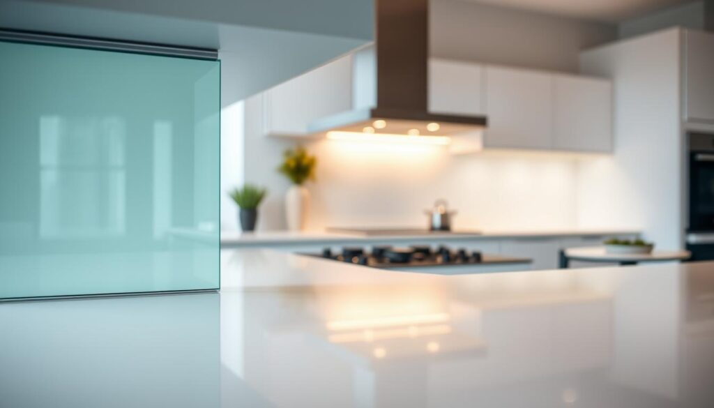 A modern and sleek glass kitchen backsplash, precisely measured and expertly installed, occupies the foreground. Subtle lighting accentuates its smooth, glossy surface, creating a warm, inviting atmosphere. In the middle ground, the backsplash seamlessly integrates with the surrounding kitchen elements, showcasing its versatility and the seamless integration into the overall design. The background features a minimalist, contemporary kitchen setting, highlighting the backsplash's ability to complement a variety of interior styles. The composition emphasizes the custom-tailored nature of the solution, capturing the essence of "Montage nach Maß, Ausschnitte und komfortable Bedienung im Alltag".