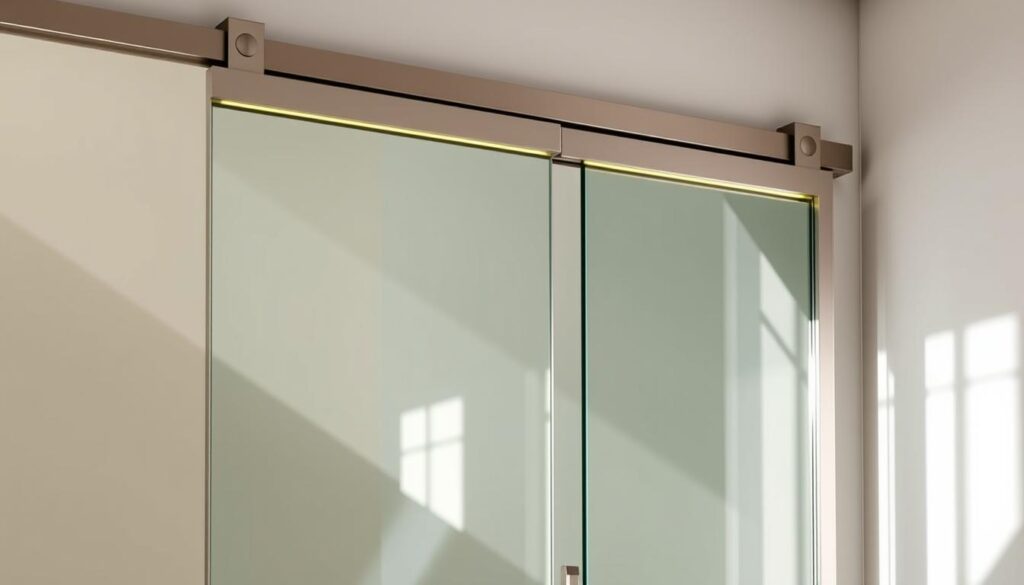 A modern and sleek sliding door wall system, featuring a minimalist metal frame in a brushed aluminum finish. The tempered glass panels glide effortlessly on high-quality ball-bearing rollers, creating a seamless and unobtrusive entryway. Subtle LED lighting illuminates the edges, casting a warm, inviting glow. The system is meticulously engineered, with precision-cut components that interlock with a satisfying click, ensuring a sturdy and secure installation. Sunlight filters through the glass, creating a bright and airy atmosphere in the space. The entire setup is a harmonious blend of form and function, showcasing the exceptional craftsmanship of a complete sliding door solution. A modern and sleek sliding door wall system, featuring a minimalist metal frame in a brushed aluminum finish. The tempered glass panels glide effortlessly on high-quality ball-bearing rollers, creating a seamless and unobtrusive entryway. Subtle LED lighting illuminates the edges, casting a warm, inviting glow. The system is meticulously engineered, with precision-cut components that interlock with a satisfying click, ensuring a sturdy and secure installation. Sunlight filters through the glass, creating a bright and airy atmosphere in the space. The entire setup is a harmonious blend of form and function, showcasing the exceptional craftsmanship of a complete sliding door solution.