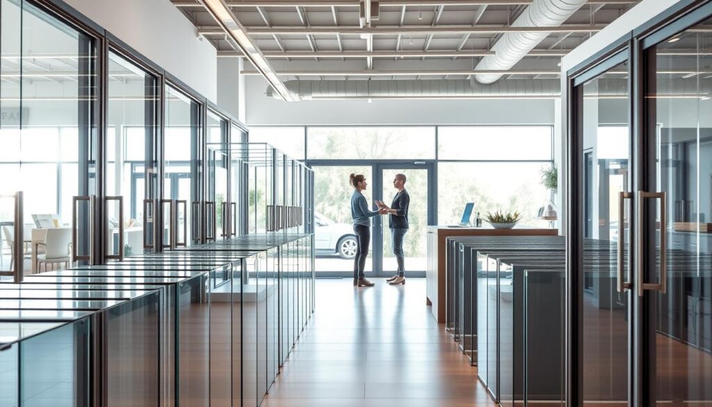 A modern and well-lit glass showroom with a sleek and minimalist design. In the foreground, a display of various service glass doors with clean lines and subtle metal accents. Midground features a knowledgeable sales associate assisting a customer, conveying a sense of personalized attention and expert guidance. The background showcases a serene, airy atmosphere with large windows allowing natural light to flood the space, creating an inviting and professional ambiance. The overall scene captures the essence of a premium glass door service experience, reflecting the high-quality products and personalized customer service offered by Glastuerhop24. A modern and well-lit glass showroom with a sleek and minimalist design. In the foreground, a display of various service glass doors with clean lines and subtle metal accents. Midground features a knowledgeable sales associate assisting a customer, conveying a sense of personalized attention and expert guidance. The background showcases a serene, airy atmosphere with large windows allowing natural light to flood the space, creating an inviting and professional ambiance. The overall scene captures the essence of a premium glass door service experience, reflecting the high-quality products and personalized customer service offered by Glastuerhop24.