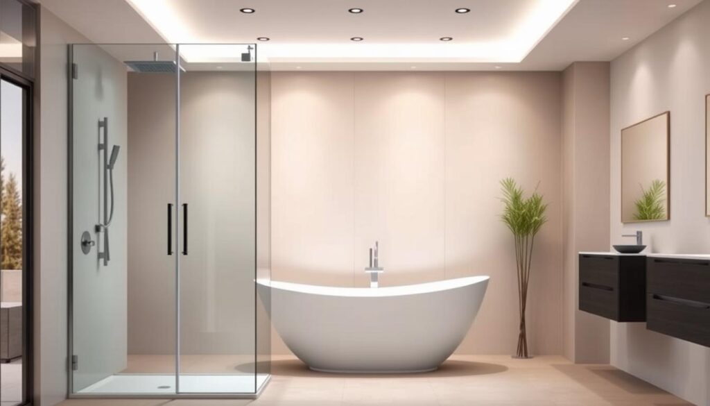 A modern and well-lit interior showroom, showcasing a sleek and stylish shower-bath combination. In the foreground, a frameless glass shower enclosure with a minimalist design stands tall, its clean lines and transparent panels creating an airy, open feel. The middle ground features a freestanding bathtub, its smooth, curved form complementing the surrounding fixtures. Soft, diffused lighting illuminates the scene, creating a warm and inviting atmosphere. The background is filled with a neutral-toned wall, allowing the focal points to take center stage. The overall composition conveys a sense of high-end, personalized service and expert design consultation, reflecting the premium offerings of Glastürhop24.