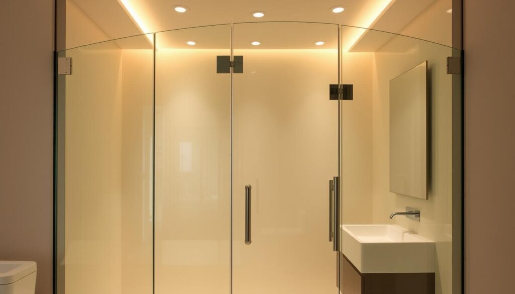 A modern, bespoke glass shower enclosure stands elegantly in a luxurious bathroom. Frameless glass panels seamlessly integrate with the sleek, minimalist design, reflecting the warm, diffused lighting from overhead fixtures. The custom-fitted enclosure features precisely measured panels that curve gracefully to create a spacious, unobstructed entry. Sparkling clean glass surfaces create a sense of openness, while discreet metal hardware provides sturdy support. The entire ensemble exudes a sense of understated sophistication, perfectly complementing the high-end bathroom fixtures and finishes. A modern, bespoke glass shower enclosure stands elegantly in a luxurious bathroom. Frameless glass panels seamlessly integrate with the sleek, minimalist design, reflecting the warm, diffused lighting from overhead fixtures. The custom-fitted enclosure features precisely measured panels that curve gracefully to create a spacious, unobstructed entry. Sparkling clean glass surfaces create a sense of openness, while discreet metal hardware provides sturdy support. The entire ensemble exudes a sense of understated sophistication, perfectly complementing the high-end bathroom fixtures and finishes.