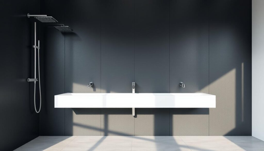 A modern, black matte shower wall with a sleek, minimalist design. The surface has a subtle textured finish, creating a sophisticated and high-quality appearance. The wall is set against a bright, well-lit bathroom interior, with smooth chrome fixtures and fittings that complement the dark tones. The overall atmosphere is one of luxury and attention to detail, reflecting the design-forward approach highlighted in the article's section title. The camera angle provides a clean, frontal view of the shower wall, showcasing its elegant simplicity and versatility as a statement piece within the bathroom space.