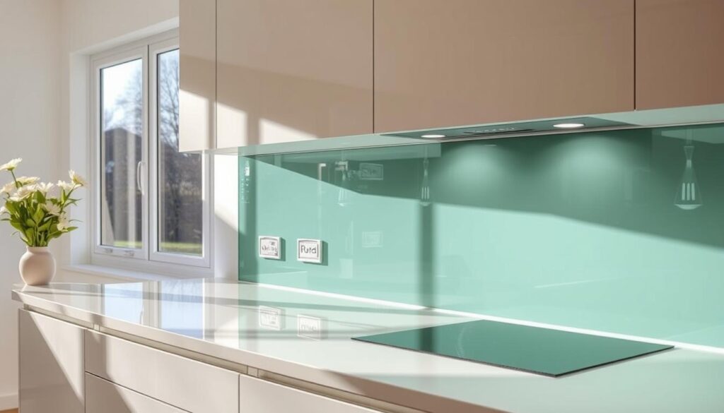 A modern, custom-made glass kitchen splashback in a bright, airy kitchen setting. The splashback features a sleek, seamless design, with a glossy, tempered glass surface that reflects the natural light streaming in through large windows. The glass is expertly cut to perfectly fit the kitchen countertop, creating a seamless, integrated look. The splashback extends from the countertop to the cabinets above, providing a clean, minimalist aesthetic. Subtle lighting fixtures illuminate the splashback, highlighting its clarity and making the kitchen feel warm and inviting. The overall scene conveys a sense of high-end, bespoke design that effortlessly blends form and function.