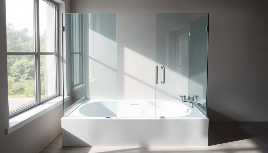A modern, elegant corner bathtub with a seamless glass shower enclosure, illuminated by soft, natural lighting filtering through a large window. The sleek, frameless glass panels reflect the clean, minimalist design of the space, creating an airy, spa-like atmosphere. The glass panels are precision-engineered to fit the contours of the bathtub, forming a cohesive, high-quality integration. The overall scene conveys a sense of luxury, comfort, and sophisticated functionality, perfectly suited for the "badewannen eck duschwand" section of the article. A modern, elegant corner bathtub with a seamless glass shower enclosure, illuminated by soft, natural lighting filtering through a large window. The sleek, frameless glass panels reflect the clean, minimalist design of the space, creating an airy, spa-like atmosphere. The glass panels are precision-engineered to fit the contours of the bathtub, forming a cohesive, high-quality integration. The overall scene conveys a sense of luxury, comfort, and sophisticated functionality, perfectly suited for the "badewannen eck duschwand" section of the article.