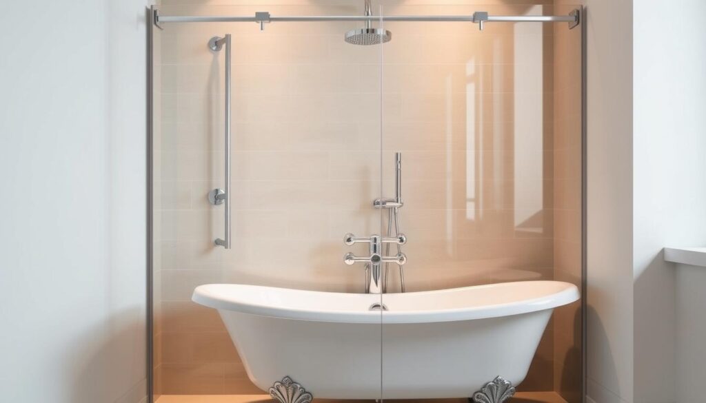 A modern, elegant glass shower enclosure attached to a clawfoot bathtub, set against a tiled wall. The glass panels reflect the warm, indirect lighting, creating a serene, spa-like ambiance. The shower fixture is sleek and minimalist, seamlessly integrated into the design. The tub is positioned to maximize the available space, with clean lines and a refined aesthetic. Soft, neutral tones throughout, with accents of polished chrome, create a cohesive, high-end look. The composition emphasizes the harmonious blend of form and function, showcasing a custom-tailored bathroom solution. A modern, elegant glass shower enclosure attached to a clawfoot bathtub, set against a tiled wall. The glass panels reflect the warm, indirect lighting, creating a serene, spa-like ambiance. The shower fixture is sleek and minimalist, seamlessly integrated into the design. The tub is positioned to maximize the available space, with clean lines and a refined aesthetic. Soft, neutral tones throughout, with accents of polished chrome, create a cohesive, high-end look. The composition emphasizes the harmonious blend of form and function, showcasing a custom-tailored bathroom solution.