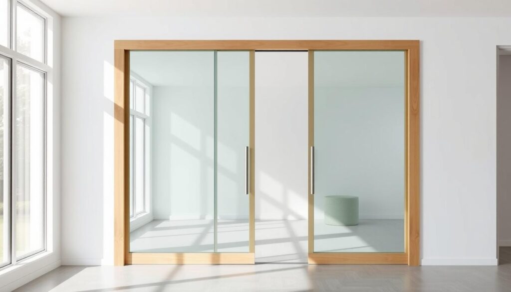 A modern, elegant glass sliding door with a wooden frame, standing in a bright, airy room. The door is made of tempered glass panels that slide smoothly along a concealed track, creating a seamless, minimalist aesthetic. The wooden frame has a natural, warm tone that complements the glass, creating a harmonious material mix. Soft, diffused lighting from large windows illuminates the scene, casting gentle shadows and highlighting the clean lines of the door's design. The overall atmosphere conveys a sense of calm, refined sophistication, perfectly suited for a high-end residential or commercial space.