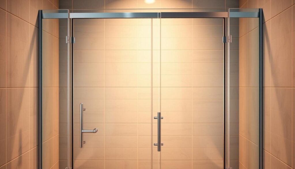 A modern, elegantly designed glass shower door set against a tiled bathroom backdrop. The door features a seamless, frameless glass panel with a sleek chrome or brushed metal handle. Warm, indirect lighting casts a soft glow, highlighting the door's clean lines and transparent surfaces. The bathroom tile pattern creates a visually appealing, high-end aesthetic, complementing the minimalist shower enclosure. The overall scene conveys a sense of spaciousness, luxury, and refined simplicity, perfectly suited for the "glastür dusche" section of the article. A modern, elegantly designed glass shower door set against a tiled bathroom backdrop. The door features a seamless, frameless glass panel with a sleek chrome or brushed metal handle. Warm, indirect lighting casts a soft glow, highlighting the door's clean lines and transparent surfaces. The bathroom tile pattern creates a visually appealing, high-end aesthetic, complementing the minimalist shower enclosure. The overall scene conveys a sense of spaciousness, luxury, and refined simplicity, perfectly suited for the "glastür dusche" section of the article.