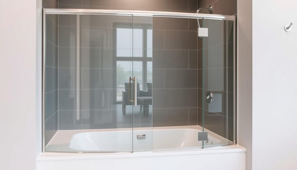 A modern, elegantly designed glass shower enclosure seamlessly integrated into a spacious corner bathtub. The shower wall features a clean, minimalist frameless glass panel with a polished chrome hardware. Soft, even lighting illuminates the high-quality materials - tempered glass, brushed stainless steel, and sleek tile or stone surfaces. The composition emphasizes the harmonious interplay of form and function, creating a luxurious, spa-like ambiance in the bathroom. The image should convey a sense of refined sophistication, quality craftsmanship, and thoughtful spatial planning suitable for a premium bathroom design. A modern, elegantly designed glass shower enclosure seamlessly integrated into a spacious corner bathtub. The shower wall features a clean, minimalist frameless glass panel with a polished chrome hardware. Soft, even lighting illuminates the high-quality materials - tempered glass, brushed stainless steel, and sleek tile or stone surfaces. The composition emphasizes the harmonious interplay of form and function, creating a luxurious, spa-like ambiance in the bathroom. The image should convey a sense of refined sophistication, quality craftsmanship, and thoughtful spatial planning suitable for a premium bathroom design.