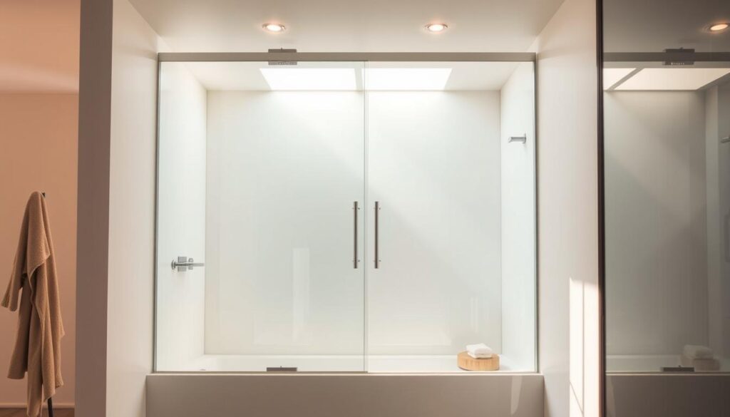 A modern, elegantly designed glass shower enclosure with a sleek, frameless glass panel. The glass has a high-quality, crystal-clear finish that allows natural light to flood the space. The enclosure is positioned in a bright, airy bathroom with minimalist decor and warm, diffused lighting from recessed ceiling fixtures. The glass has a seamless, frameless design that creates a sense of openness and spaciousness. The overall scene evokes a luxurious, spa-like atmosphere that perfectly complements the "duschkabinen glas" concept. A modern, elegantly designed glass shower enclosure with a sleek, frameless glass panel. The glass has a high-quality, crystal-clear finish that allows natural light to flood the space. The enclosure is positioned in a bright, airy bathroom with minimalist decor and warm, diffused lighting from recessed ceiling fixtures. The glass has a seamless, frameless design that creates a sense of openness and spaciousness. The overall scene evokes a luxurious, spa-like atmosphere that perfectly complements the "duschkabinen glas" concept.