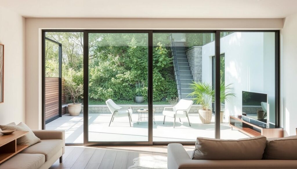 A modern glass sliding door in a bright, airy living room. The tempered glass panel glides smoothly on a sleek, minimalist frame, seamlessly integrating the indoor and outdoor spaces. Soft, diffused natural light floods the room, creating a warm, inviting atmosphere. The glass surface reflects the clean lines of the surrounding furniture, enhancing the sense of spaciousness. The sliding mechanism operates effortlessly, allowing for easy access and flexible room arrangements. The overall design exudes a sophisticated, contemporary aesthetic, perfectly suited for the "Modernes Wohnen mit Glasschiebetüren: Licht, Platz und Stil aus einer Hand" section. A modern glass sliding door in a bright, airy living room. The tempered glass panel glides smoothly on a sleek, minimalist frame, seamlessly integrating the indoor and outdoor spaces. Soft, diffused natural light floods the room, creating a warm, inviting atmosphere. The glass surface reflects the clean lines of the surrounding furniture, enhancing the sense of spaciousness. The sliding mechanism operates effortlessly, allowing for easy access and flexible room arrangements. The overall design exudes a sophisticated, contemporary aesthetic, perfectly suited for the "Modernes Wohnen mit Glasschiebetüren: Licht, Platz und Stil aus einer Hand" section.