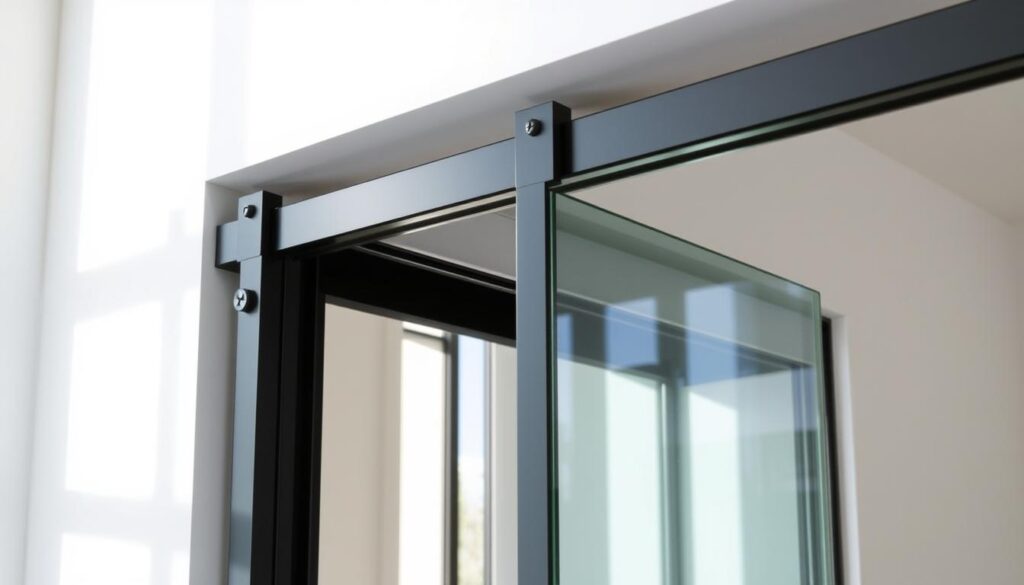 A modern glass sliding door system, featuring large panes of tempered glass suspended on sleek metal tracks. The door panels seamlessly glide open and closed, allowing a smooth and effortless transition between indoor and outdoor spaces. The glass reflects the natural light, creating a bright and airy ambiance in the room. The metal hardware is finished in a matte black or silver tone, complementing the minimalist aesthetic. The door frames are built with high-quality materials, ensuring durability and longevity. The scene is illuminated by soft, even lighting, accentuating the clean lines and transparency of the glass. The background showcases a minimal, contemporary interior design, with the sliding door serving as a focal point and a functional architectural element.