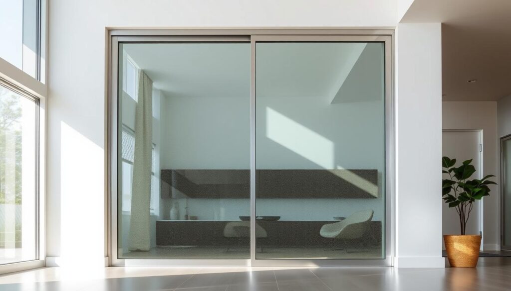 A modern glass sliding door with a sleek, minimalist design, framed in brushed aluminum. The door is positioned in a bright, airy room with high ceilings and natural light streaming in through large windows. The glass panels are free of any visible hardware or tracks, creating a seamless, uninterrupted view. The door's surface has a subtle, textured pattern that adds visual interest, reflecting the play of light across its surface. The room's decor is contemporary, with clean lines and a neutral color palette that complements the door's design. The overall atmosphere is one of sophistication, elegant simplicity, and a harmonious blending of indoor and outdoor spaces.