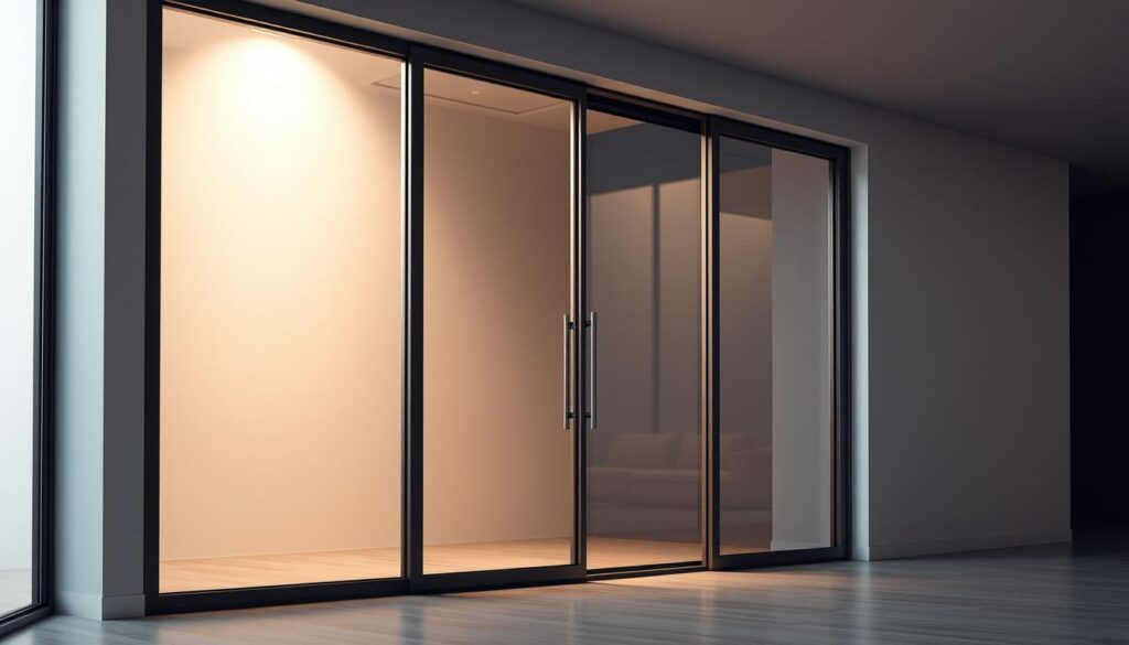 A modern, glass sound-insulating sliding door set against a sleek, minimalist interior. The door features a clean, minimalist frame and high-quality, tempered glass panels that seamlessly glide open and closed. The lighting is soft and diffused, with a warm, inviting glow that highlights the transparency and solidity of the glass. The scene conveys a sense of sophisticated, functional design that effortlessly balances sound insulation and visual aesthetics. The overall atmosphere is one of quiet sophistication, subtlety, and attention to detail. A modern, glass sound-insulating sliding door set against a sleek, minimalist interior. The door features a clean, minimalist frame and high-quality, tempered glass panels that seamlessly glide open and closed. The lighting is soft and diffused, with a warm, inviting glow that highlights the transparency and solidity of the glass. The scene conveys a sense of sophisticated, functional design that effortlessly balances sound insulation and visual aesthetics. The overall atmosphere is one of quiet sophistication, subtlety, and attention to detail.