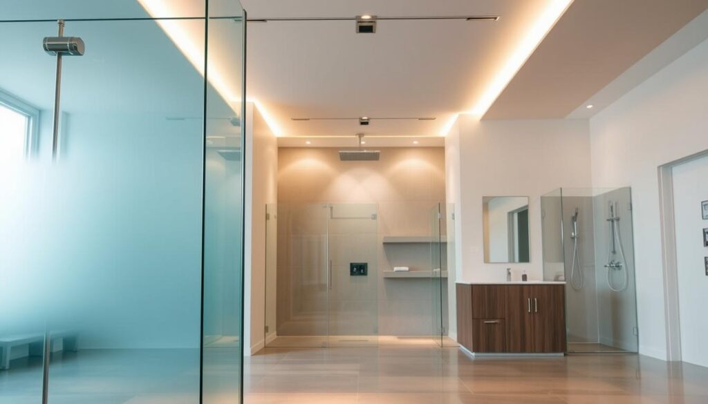 A modern, high-end glass shower door showroom with a sleek, minimalist aesthetic. The foreground features a large, frameless glass door with a seamless, reflective surface. The middle ground showcases various glass door styles and configurations, allowing customers to visualize their ideal shower solution. The background depicts a clean, well-lit interior with neutral-toned walls and floors, emphasizing the premium quality and attention to detail of the Glastuerhop24 brand. Dramatic lighting from above casts a warm, inviting glow, highlighting the crystal-clear glass and creating a sense of luxury and sophistication. The overall scene conveys a user-friendly, consultative shopping experience for discerning customers seeking custom glass shower solutions.