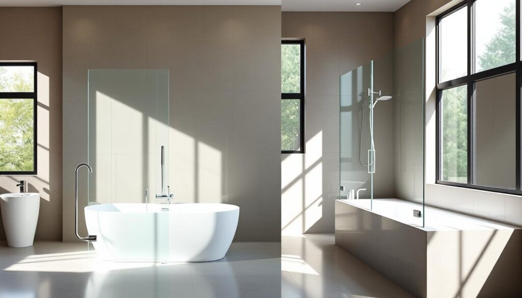 A modern, high-quality bathroom interior with two distinct glass shower door variants positioned near a bathtub. The first variant is a freestanding glass shower door, situated directly beside the bathtub, showcasing its elegant, minimalist design and seamless integration. The second variant is a glass shower door installed onto the bathtub, creating a sleek, built-in appearance. Bright, natural lighting filters through large windows, accentuating the transparency and reflective qualities of the glass elements. The bathroom features high-end, contemporary fixtures and tiles in a neutral color palette, exuding a sense of sophistication and spa-like luxury. The composition emphasizes the versatility and visual appeal of the available glass shower door options to complement different bathtub placements and bathroom layouts.