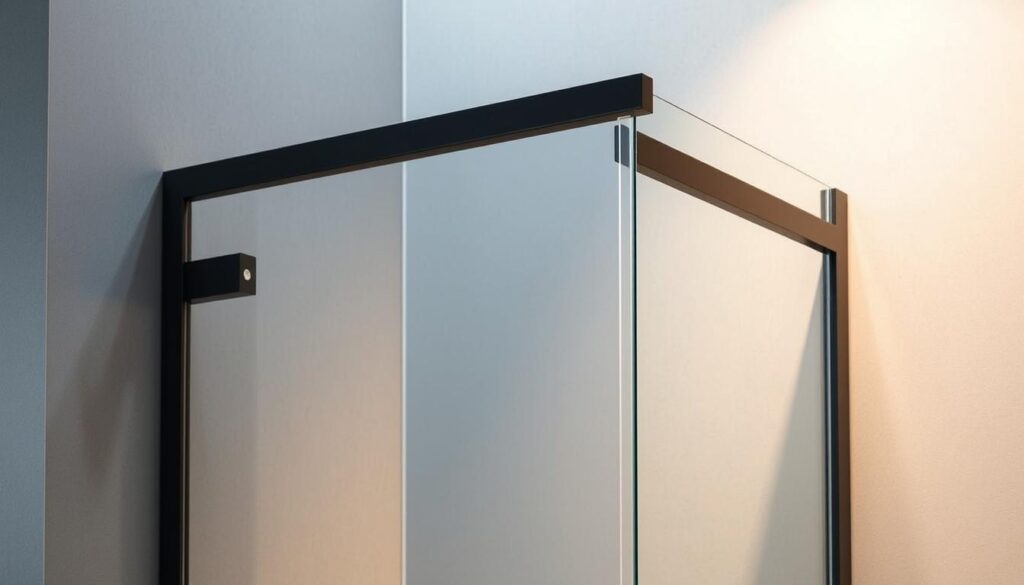 A modern, high-quality glass shower enclosure, featuring a hinged door that can be mounted to open to the left or right, allowing for maximum design flexibility. The glass pane is rendered with a sleek, seamless appearance, supported by a minimalist metal frame in a matte black finish. Soft, indirect lighting illuminates the scene, creating a warm, inviting ambiance. The overall composition emphasizes the modular, customizable nature of the product, showcasing its ability to adapt to a variety of bathroom layouts and personal preferences.