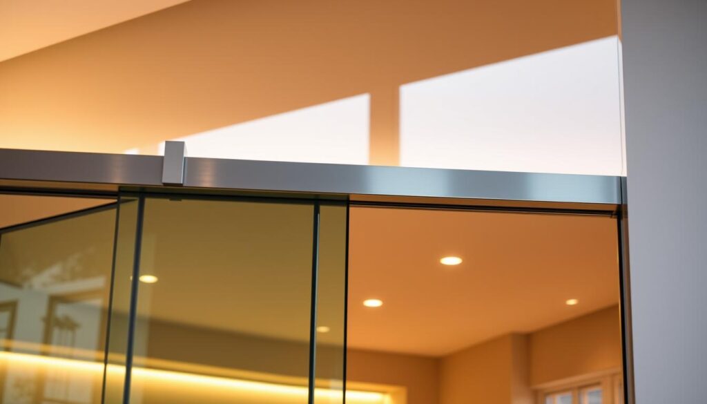 A modern, high-quality glass sliding door with a sleek, minimalist design. The door is made of tempered glass with a smooth, seamless frame in a stylish brushed metal finish. The door glides effortlessly on precision ball-bearing rollers, creating a soft, quiet close. Elegant stainless steel handles and a hidden soft-close mechanism add a touch of sophistication. The door is backlit with warm, diffused lighting, creating a welcoming ambiance. The room behind the door is visible through the transparent glass, blending the indoor and outdoor spaces. The image is captured from a low angle, emphasizing the door's impressive height and highlighting the craftsmanship of the technical components. A modern, high-quality glass sliding door with a sleek, minimalist design. The door is made of tempered glass with a smooth, seamless frame in a stylish brushed metal finish. The door glides effortlessly on precision ball-bearing rollers, creating a soft, quiet close. Elegant stainless steel handles and a hidden soft-close mechanism add a touch of sophistication. The door is backlit with warm, diffused lighting, creating a welcoming ambiance. The room behind the door is visible through the transparent glass, blending the indoor and outdoor spaces. The image is captured from a low angle, emphasizing the door's impressive height and highlighting the craftsmanship of the technical components.