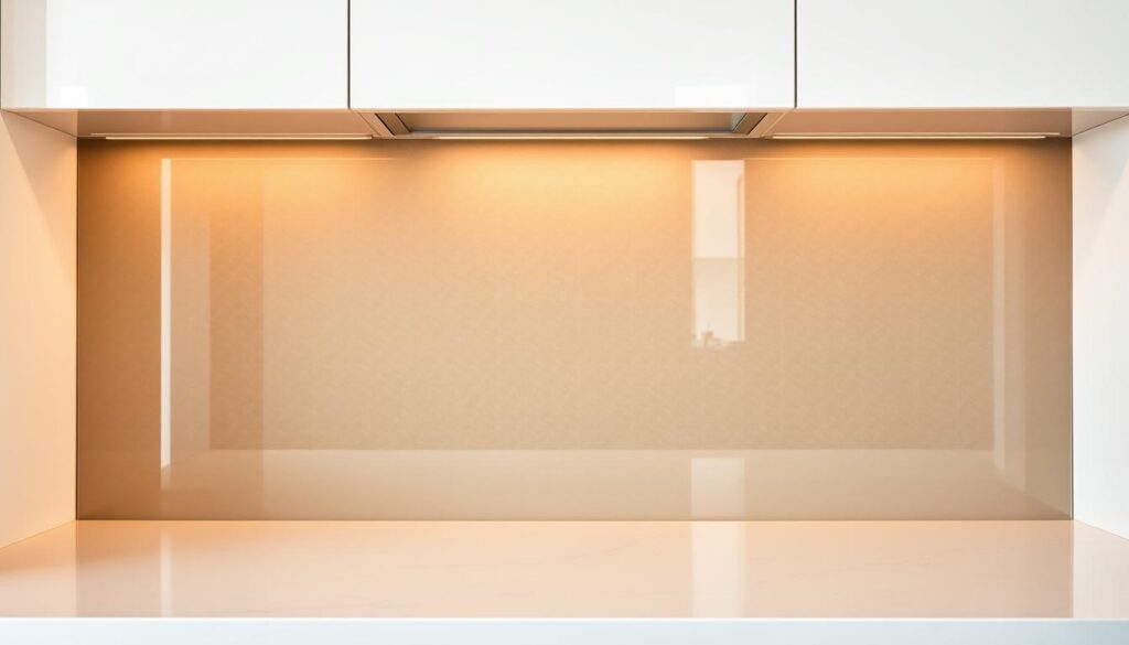 A modern, high-quality kitchen backsplash made of tempered glass, reflecting warm, natural lighting. The surface is sleek and flawless, with a subtle textural pattern that catches the light, creating a sense of depth and visual interest. The glass panel is precisely measured and installed, seamlessly integrated into the kitchen's design. The backsplash acts as a mirror, amplifying the sense of space and adding a touch of elegance to the overall kitchen aesthetic. The image should convey a feeling of sophistication, attention to detail, and the craftsmanship of Glastürhop24's products. A modern, high-quality kitchen backsplash made of tempered glass, reflecting warm, natural lighting. The surface is sleek and flawless, with a subtle textural pattern that catches the light, creating a sense of depth and visual interest. The glass panel is precisely measured and installed, seamlessly integrated into the kitchen's design. The backsplash acts as a mirror, amplifying the sense of space and adding a touch of elegance to the overall kitchen aesthetic. The image should convey a feeling of sophistication, attention to detail, and the craftsmanship of Glastürhop24's products.