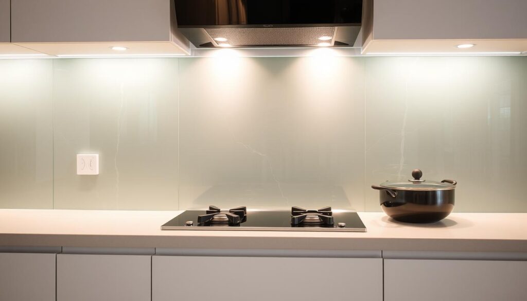 A modern, high-quality kitchen backsplash plate made of tempered glass, with a glossy, water-resistant surface that protects the wall from splashes and stains. Positioned behind the stove and countertops, the backsplash plate creates a sleek, seamless appearance, enhancing the kitchen's overall aesthetic. Soft, even lighting from above illuminates the glass, casting a warm glow and highlighting its transparency. The backsplash plate is installed flush with the wall, creating a minimalist, integrated look that blends harmoniously with the kitchen's design.