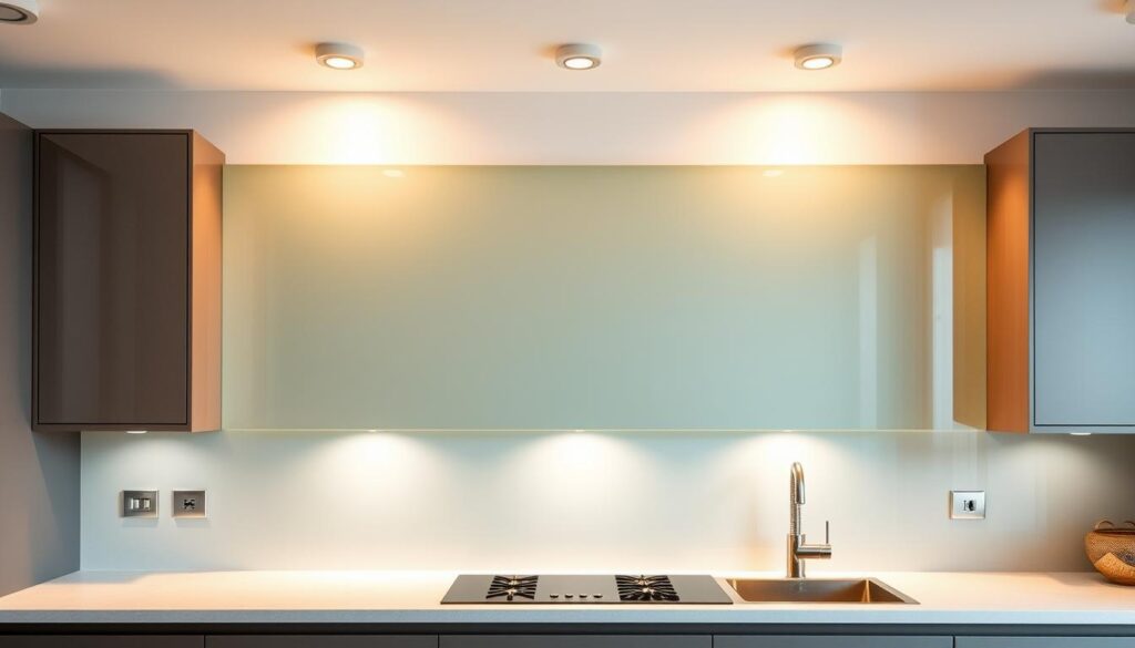 A modern, high-quality kitchen with a custom-fitted glass splash guard. The splash guard takes up the entire wall space behind the countertop, providing seamless protection against water, grease, and food splatters. The glass has a sleek, minimalist design with clean lines and a slightly tinted finish, blending seamlessly with the kitchen's contemporary aesthetic. Warm, diffused lighting from overhead fixtures casts a soft glow, highlighting the glass's transparency and reflective surface. The kitchen features muted, neutral-toned cabinetry and countertops, allowing the splash guard to take center stage as the focal point. A sense of cohesion and attention to detail is evident throughout the space. A modern, high-quality kitchen with a custom-fitted glass splash guard. The splash guard takes up the entire wall space behind the countertop, providing seamless protection against water, grease, and food splatters. The glass has a sleek, minimalist design with clean lines and a slightly tinted finish, blending seamlessly with the kitchen's contemporary aesthetic. Warm, diffused lighting from overhead fixtures casts a soft glow, highlighting the glass's transparency and reflective surface. The kitchen features muted, neutral-toned cabinetry and countertops, allowing the splash guard to take center stage as the focal point. A sense of cohesion and attention to detail is evident throughout the space.