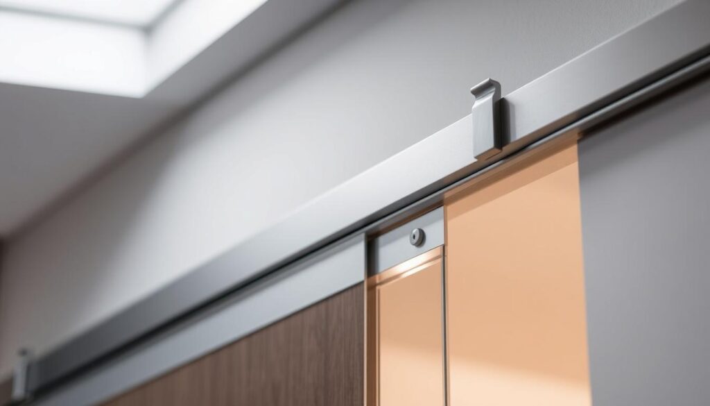 A modern, high-quality sliding door rail system with a sleek, minimalist design. The laufschiene features a robust aluminum construction with a smooth, quiet operation. It is mounted flush against the wall, creating a seamless, unobtrusive appearance. The rail is accented by subtle metallic highlights, offering a touch of industrial elegance. Soft lighting from above casts a warm glow, illuminating the intricate mechanisms that enable the effortless sliding motion. The composition showcases the technical precision and premium craftsmanship that define the sliding door hardware featured in the "Technik, Beschläge und Qualität: Was im Komplettset enthalten ist" section. A modern, high-quality sliding door rail system with a sleek, minimalist design. The laufschiene features a robust aluminum construction with a smooth, quiet operation. It is mounted flush against the wall, creating a seamless, unobtrusive appearance. The rail is accented by subtle metallic highlights, offering a touch of industrial elegance. Soft lighting from above casts a warm glow, illuminating the intricate mechanisms that enable the effortless sliding motion. The composition showcases the technical precision and premium craftsmanship that define the sliding door hardware featured in the "Technik, Beschläge und Qualität: Was im Komplettset enthalten ist" section.