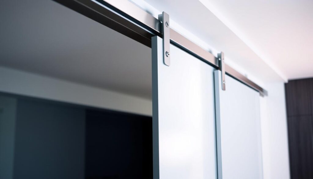 A modern, high-quality sliding door system with sleek aluminum tracks and stainless steel hardware. The door glides effortlessly along the concealed rails, with a soft-close mechanism that gently eases it into place. The minimalist design features clean lines and a seamless integration of the track into the door frame, creating a sophisticated, contemporary aesthetic. Subtle lighting highlights the quality of the materials and the precision engineering. The overall scene conveys a sense of elegant functionality, perfectly suited for a high-end residential or commercial interior. A modern, high-quality sliding door system with sleek aluminum tracks and stainless steel hardware. The door glides effortlessly along the concealed rails, with a soft-close mechanism that gently eases it into place. The minimalist design features clean lines and a seamless integration of the track into the door frame, creating a sophisticated, contemporary aesthetic. Subtle lighting highlights the quality of the materials and the precision engineering. The overall scene conveys a sense of elegant functionality, perfectly suited for a high-end residential or commercial interior.