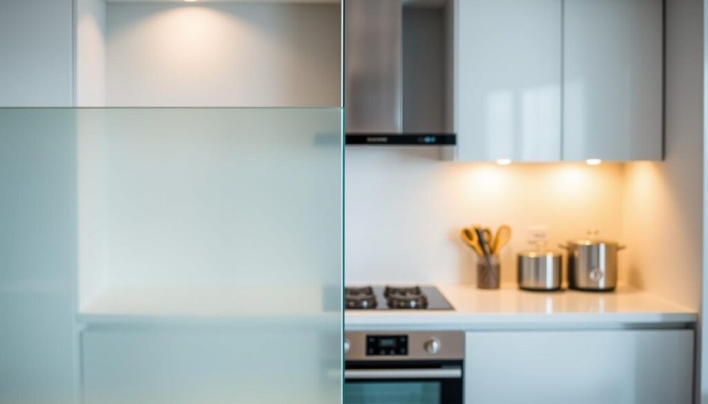 A modern kitchen interior with a glass spritzschutz (splashback) in the foreground. The glass panel is sleek and minimalist, with a smooth, clean surface that reflects the warm, soft lighting above. The middle ground shows a well-equipped kitchen countertop, with stainless steel appliances and utensils neatly arranged. In the background, a neutral-toned wall provides a simple, uncluttered backdrop, allowing the glass splashback to take center stage. The overall scene conveys a sense of effortless elegance and functionality, perfectly suited for the "Montage leicht gemacht: Spritzschutz Küche sicher befestigen" section of the article. A modern kitchen interior with a glass spritzschutz (splashback) in the foreground. The glass panel is sleek and minimalist, with a smooth, clean surface that reflects the warm, soft lighting above. The middle ground shows a well-equipped kitchen countertop, with stainless steel appliances and utensils neatly arranged. In the background, a neutral-toned wall provides a simple, uncluttered backdrop, allowing the glass splashback to take center stage. The overall scene conveys a sense of effortless elegance and functionality, perfectly suited for the "Montage leicht gemacht: Spritzschutz Küche sicher befestigen" section of the article.
