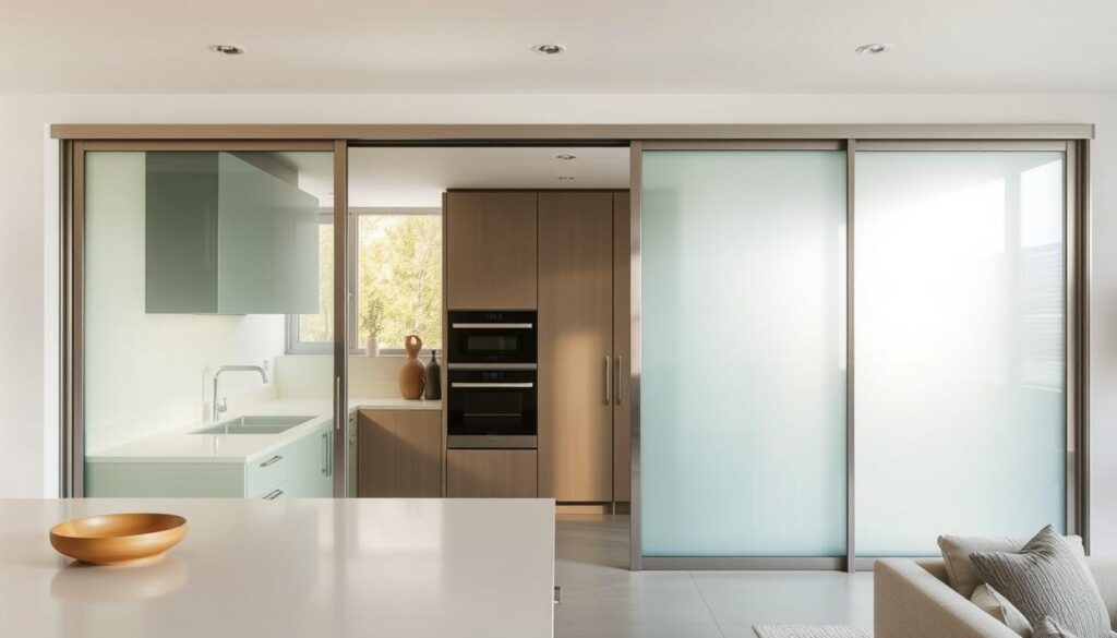 A modern kitchen interior with a sleek sliding glass door wall, framed in brushed aluminum, seamlessly blending the cooking space with an adjacent living area. Soft, diffused natural light filters through the translucent panels, creating a warm, airy ambiance. The door glides effortlessly on a discreet track system, allowing for an unobstructed flow between the two zones. Minimalist decor and muted color tones emphasize the architectural elegance of the sliding glass partition, which serves as a versatile, space-saving solution for an open-concept design.