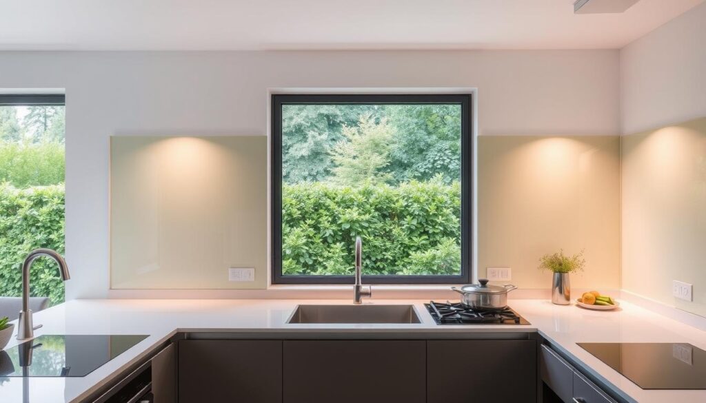 A modern kitchen interior with a sleek, tempered glass backsplash that provides an elegant Spritzschutz (splash guard) solution. The glass panel spans the length of the countertop, reflecting the warm, indirect lighting from above. Stainless steel appliances and clean, minimalist cabinetry create a harmonious, streamlined aesthetic. The Spritzschutz seamlessly integrates with the kitchen design, protecting the walls from cooking splatter while enhancing the overall visual appeal of the space. A large window overlooking a lush, verdant garden creates a bright, airy atmosphere, emphasizing the importance of the Spritzschutz in maintaining a pristine, easy-to-clean kitchen environment.